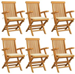 vidaXL Καρέκλες Κήπου 6 τεμ. από Μασίφ Ξύλο Teak με Κρεμ Μαξιλάρια