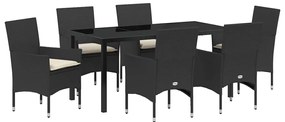 vidaXL Σέτ φαγητού για κήπο με μαξιλάρι 7 pcs Μαύρο Πολυ ράταν
