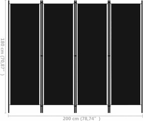 vidaXL Διαχωριστικό Δωματίου με 4 Πάνελ Μαύρο 200 x 180 εκ.
