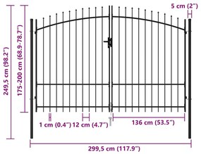 vidaXL Καγκελόπορτα Διπλή με Ακίδες Μαύρη 3 x 2 μ. Ατσάλινη