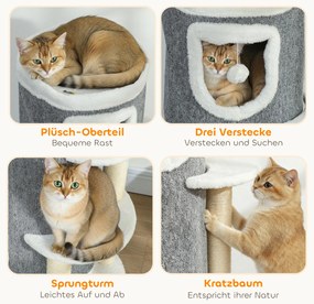 Πύργος Γάτας 101 cm, 3 Επίπεδα, 3 Υπνοδωμάτια, Μπάλες Παιχνιδιού, Στύλοι Ξυσίματος, Σιζάλ, Πάνελ Μοριοσανίδας, Γκρι