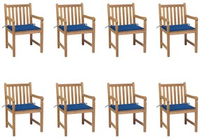 vidaXL Καρέκλες Κήπου 8 Τεμαχίων Μασίφ Ξύλο Teak & Μπλε Ρουά Μαξιλάρια