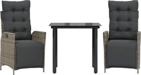 vidaXL Σετ Τραπεζαρίας Κήπου 3 τεμ. Γκρι Συνθ. Ρατάν με Μαξιλάρια