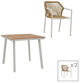 Dining table Synergy-Lush set of 3 white aluminum and plywood in natural color 80x80x74cm 80x80x74 εκ.