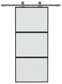 Συρόμενη Πόρτα Μαύρη 90 x 205 εκ. από Ψημένο Γυαλί &amp; Αλουμίνιο - Μαύρο