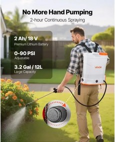 VEVOR 3.2 Gal Battery Powered Backpack Sprayer 0-90 PSI 2H Runtime for Yard Lawn