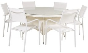 Σετ Τραπέζι και καρέκλες Dallas 2219, Επεξεργασμένο γυαλί, Ύφασμα, Πλαστικό ψάθινο | Epipla1.gr