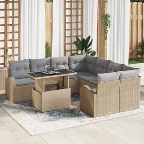 vidaXL Σετ Καναπέ Κήπου με μαξιλάρι 9 pcs Μπεζ Πολυ ράταν