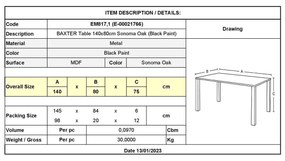 Τραπέζι BAXTER 140x80cm Sonoma Oak/Βαφή Μαύρη