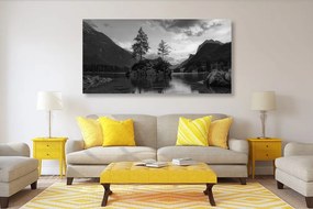 Εικόνα ασπρόμαυρο ορεινό τοπίο δίπλα στη λίμνη - 100x50