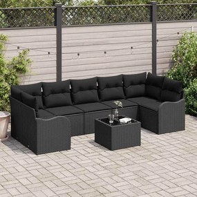 vidaXL Σετ Καναπέ Κήπου 8 pcs Μαύρο Πολυ Ρατάν και Ατσάλι και Γυαλί
