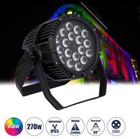 51130 GloboStar® 51130 CENTAUR Επαγγελματική Κεφαλή PAR DMX512 270W AC 220V-240V 4in1 - SPOT 30° OSRAM LED Αδιάβροχη IP65 RGBW - Μαύρο - L22.6 x W22 x H32cm