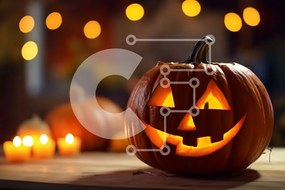 Intra Συλλεκτικό Ξύλινο Παζλ Plywood 4mm - Αναμμένη κολοκύθα με κεριά γύρω από το Halloween Σε Ξύλινο Κουτί - Διαστάσεις Puzzle: 10x10 cm – 25 κομμάτια