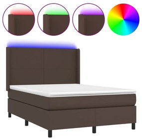 vidaXL Κρεβάτι Boxspring με Στρώμα & LED Καφέ 140x190 εκ. Συνθ. Δέρμα