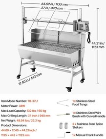 VEVOR Rotisserie Grill, 38W BBQ Outdoor Pig &amp; Lamb Spit Roaster, Charcoal Spit Roaster with 60 kg Load Capacity &amp; 7-Level Height, Stainless Steel Electric Rotisserie Grill Kit for Camping Outdoor