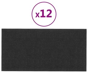 Πάνελ Τοίχου 12 τεμ. Μαύρα 30 x 15 εκ. 0,54 μ² Υφασμάτινα - Μαύρο