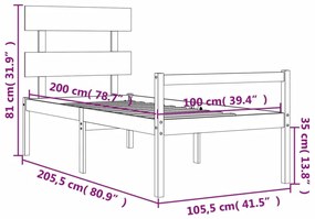 Κρεβάτι Ηλικιωμένου με Κεφαλάρι 100 x 200 εκ. Γκρι Μασίφ Ξύλο - Γκρι