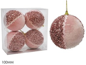 Μπάλα Με Glitter Ροζ Βελούδο Φ10cm Σετ 4Τμχ