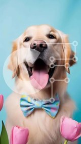 Intra Συλλεκτικό Ξύλινο Παζλ Plywood  4mm - Σκύλος Golden Retriever με παπιγιόν και ροζ τουλίπες Σε Ξύλινο Κουτί - Διαστάσεις: 10x10 cm – 25 κομμάτια