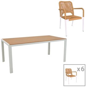 Dining table Nares-Norture B set of 7 white aluminum and plywood in a natural shade 180x90x72.5cm 180x90x72.5 εκ.