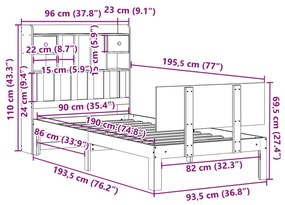 Κρεβάτι Βιβλιοθήκη Χωρίς Στρώμα 90x190 εκ Μασίφ Ξύλο Πεύκου - Καφέ