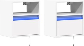 vidaXL Κομοδίνα Επιτοίχια με Φώτα LED 2 τεμ. Λευκά