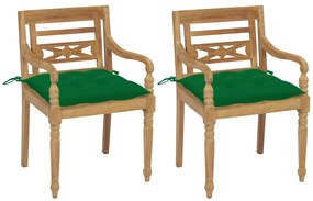 Καρέκλες Batavia 2 τεμ. από Μασίφ Ξύλο Teak &amp; Πράσινα Μαξιλάρια
