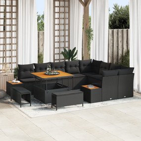vidaXL Σετ καναπέ κήπου 12 κομματιών με μαξιλάρια Μαύρο Πολυρατάν Ακακία