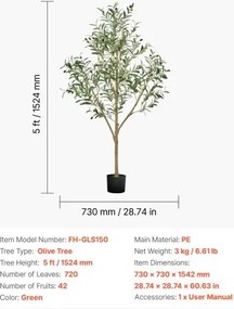VEVOR 150cm Artificial Olive Tree Tall Fake Plant with Pot for Home Office