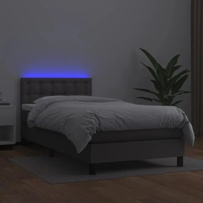 Κρεβάτι Boxspring με Στρώμα &amp; LED Γκρι 90x200 εκ. Συνθ. Δέρμα - Γκρι