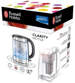 Γυάλινος ηλεκτρικός βραστήρας με φίλτρο Russell Hobbs Clarity 20760-57, 2200W, 1L, Φωτιζόμενος, Κρυφός θερμαντήρας, SCHOTT DURAN, Ανοξείδωτο