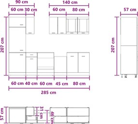 vidaXL Μονάδα κουζίνας Lyon 8 pcs Παλαιωμένο ξύλο Επεξεργασμένο Ξύλο