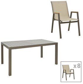 Intrahome Τραπεζαρία Lafla-Azelie Intrahome σετ 9τεμ σαμπανιζέ αλουμίνιο και plywood σε φυσική απόχρωση 160-240x100x75εκ | SKU: INTRAPA-399111141
