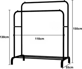 Διπλή Μεταλλική Κρεμάστρα Δαπέδου 110x55x150cm με 1 Ράφι - Μαύρο