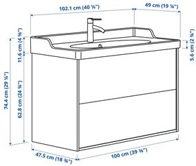 TANNFORSEN/RUTSJON βάση νιπτήρα με συρτάρια/νιπτήρα/μπαταρία, 102x49x74 cm 295.213.30