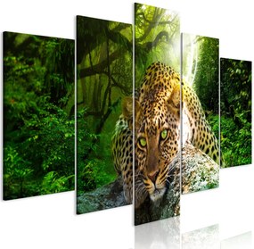 Πίνακας - Leopard Lying (5 Parts) Wide Green 200x100