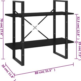 vidaXL Βιβλιοθήκη με 2 Ράφια Μαύρη 80 x 30 x 70 εκ. από Επεξ. Ξύλο