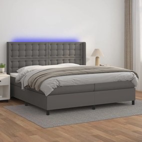 Κρεβάτι Boxspring με Στρώμα &amp; LED Γκρι 200x200 εκ. Συνθ. Δέρμα - Γκρι