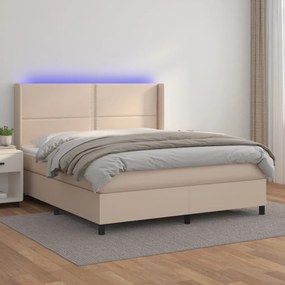 Κρεβάτι Boxspring Στρώμα&amp;LED Καπουτσίνο 180x200 εκ. Συνθ. Δέρμα