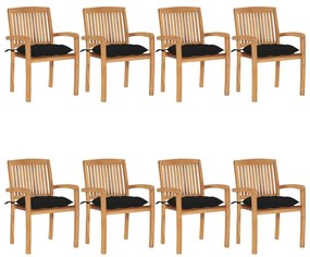Καρέκλες Κήπου Στοιβαζόμενες 8 τεμ. Μασίφ Ξύλο Teak &amp; Μαξιλάρια - Μαύρο