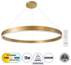 VENOM 61184 Κρεμαστό Φωτιστικό Δαχτυλίδι-Κύκλος LED CCT 75W 8818lm 120° AC 220-240V-Εναλλαγή Φωτισμού μέσω Τηλεχειρ Globostar 61184 Χρυσό