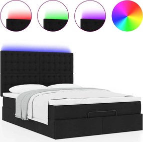 vidaXL Οθωμανικό κρεβάτι με στρώμα &amp; LEDs Μαύρο 140x190 cm Ύφασμα