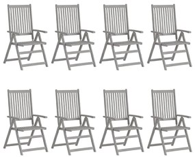 vidaXL Καρέκλες Κήπου Ανακλιν. 8 τεμ. Γκρι Ξύλο Ακακίας & Μαξιλάρια