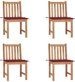 Καρέκλες Κήπου 4 Τεμαχίων από Μασίφ Ξύλο Teak με Μαξιλάρια - Κόκκινο
