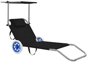 vidaXL Ξαπλώστρα Πτυσσόμενη Χρώμα Μαύρη Αλουμινίου με Σκίαστρο + Ρόδες