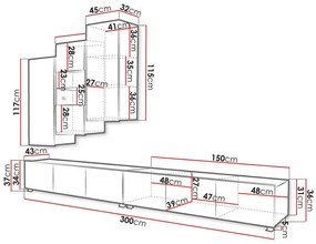 Σετ επίπλων Providence B131, Μαύρο, Γυαλιστερό μαύρο, Άσπρο, Γυαλιστερό λευκό, Με πρόσθετο εξοπλισμό, Ξεχωριστά μέρη, Με τραπέζι τηλεόρασης, 300x43cm