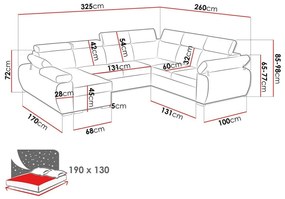 Γωνιακός Καναπές Columbus 214, Λειτουργία ύπνου, Αποθηκευτικός χώρος, 325x260x85cm, Πόδια: Μέταλλο | Epipla1.gr