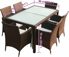vidaXL Σετ Τραπεζαρίας Εξ. Χώρου 7 τεμ. Καφέ Συνθ. Ρατάν με Μαξιλάρια
