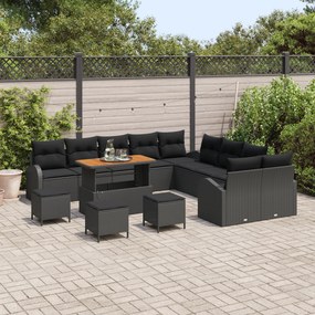 vidaXL Set Καναπέ Κήπου  14 Τεμαχίων με Μάξιλα Μαύρο Συνθετικό Ρατάν Ακακία