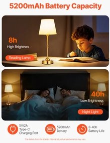 VEVOR Cordless Table Lamp 2PCS Rechargeable Battery Desk Lamp Fabric Shade Gold